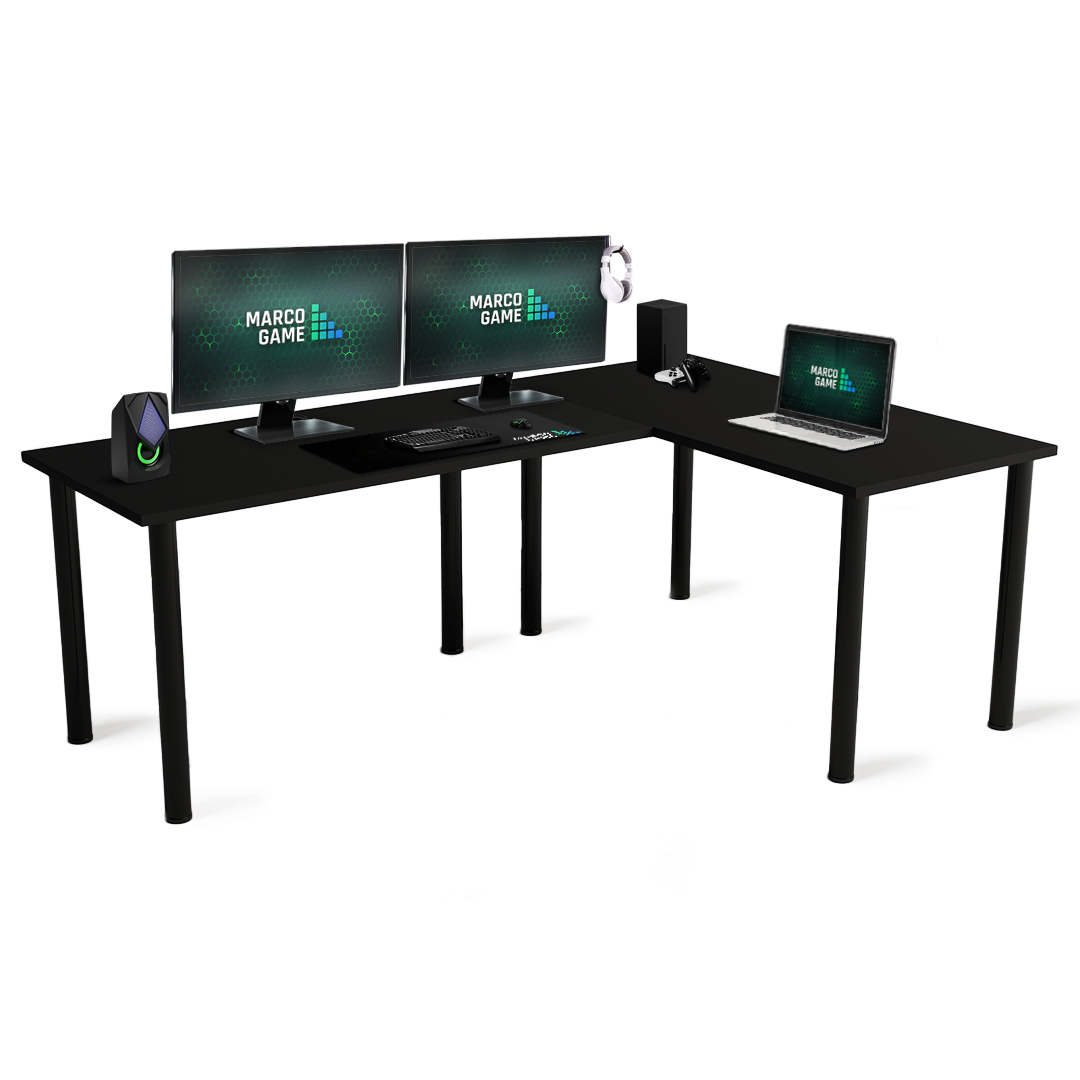 biurko narożnikowe czarne z monitorem i przepustami
